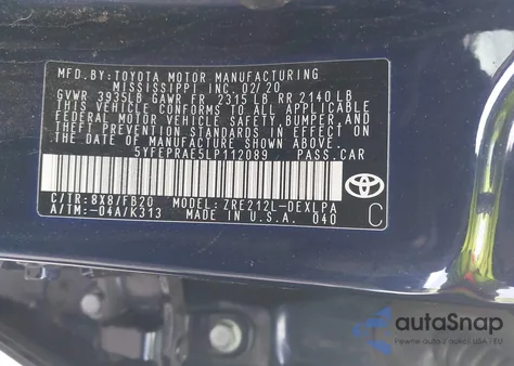 2020 Toyota Corolla Le from USA, damaged, VIN 5YFEPRAE5LP112089